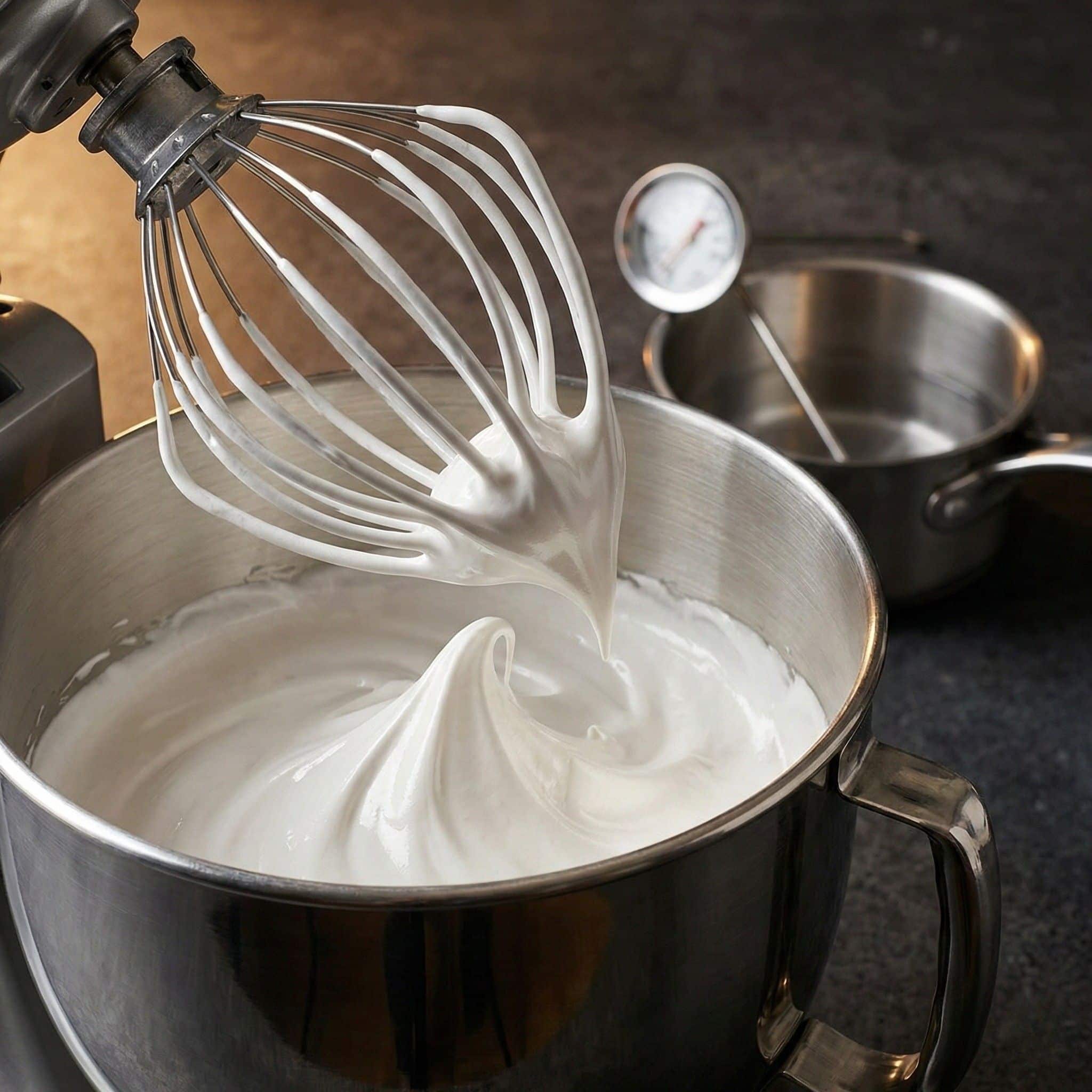 מרנג איטלקי מבריק בקערת מיקסר עם מקצפת