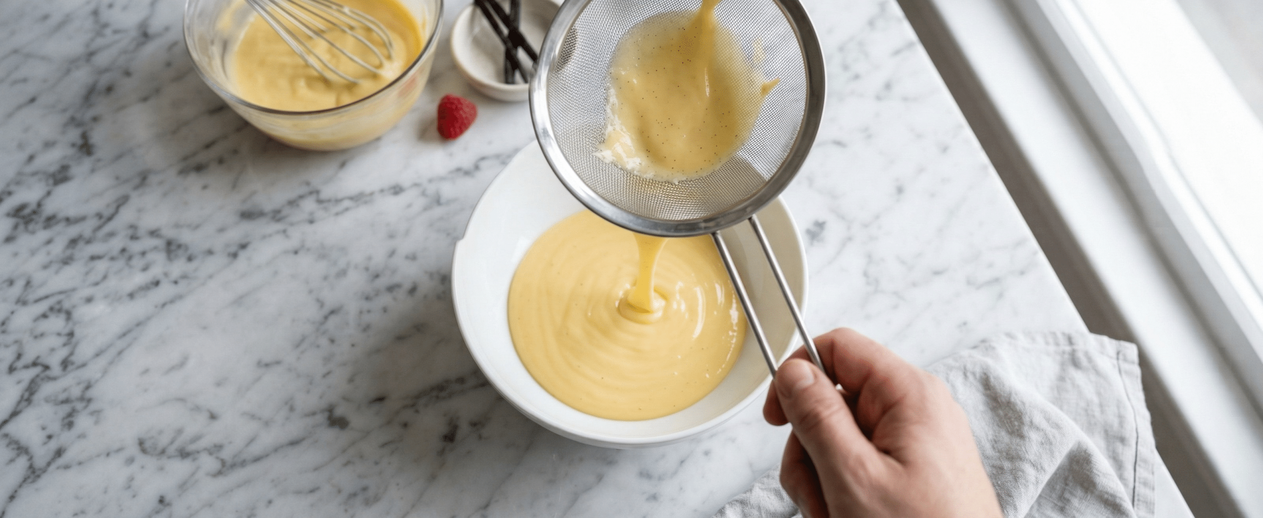 סינון קרם פטיסייר דרך מסננת דקה – טכניקת הקונדיטורים המקצועיים