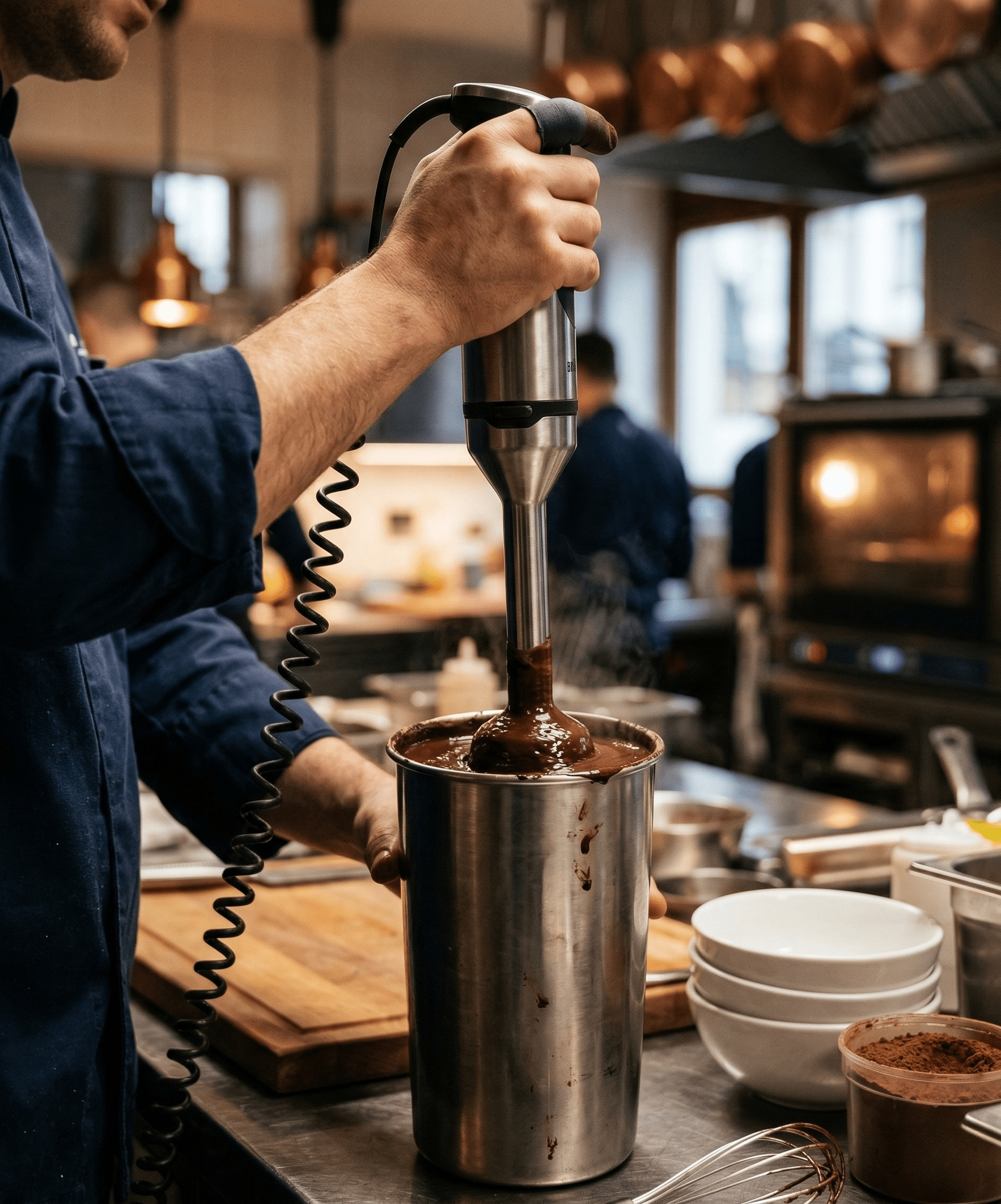 בלנדר מוט בתוך סיר עם קרם שוקולד – אמולסיפיקציה מקצועית