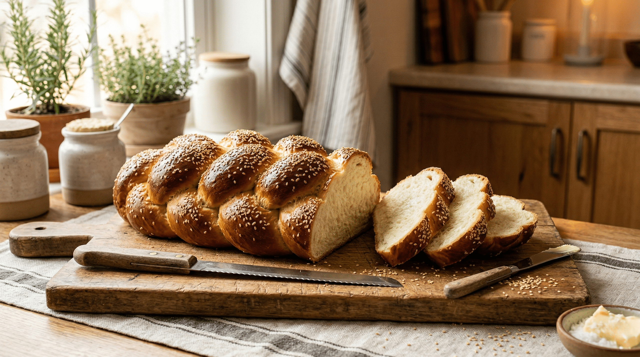 חלה קלועה מושלמת על קרש עץ