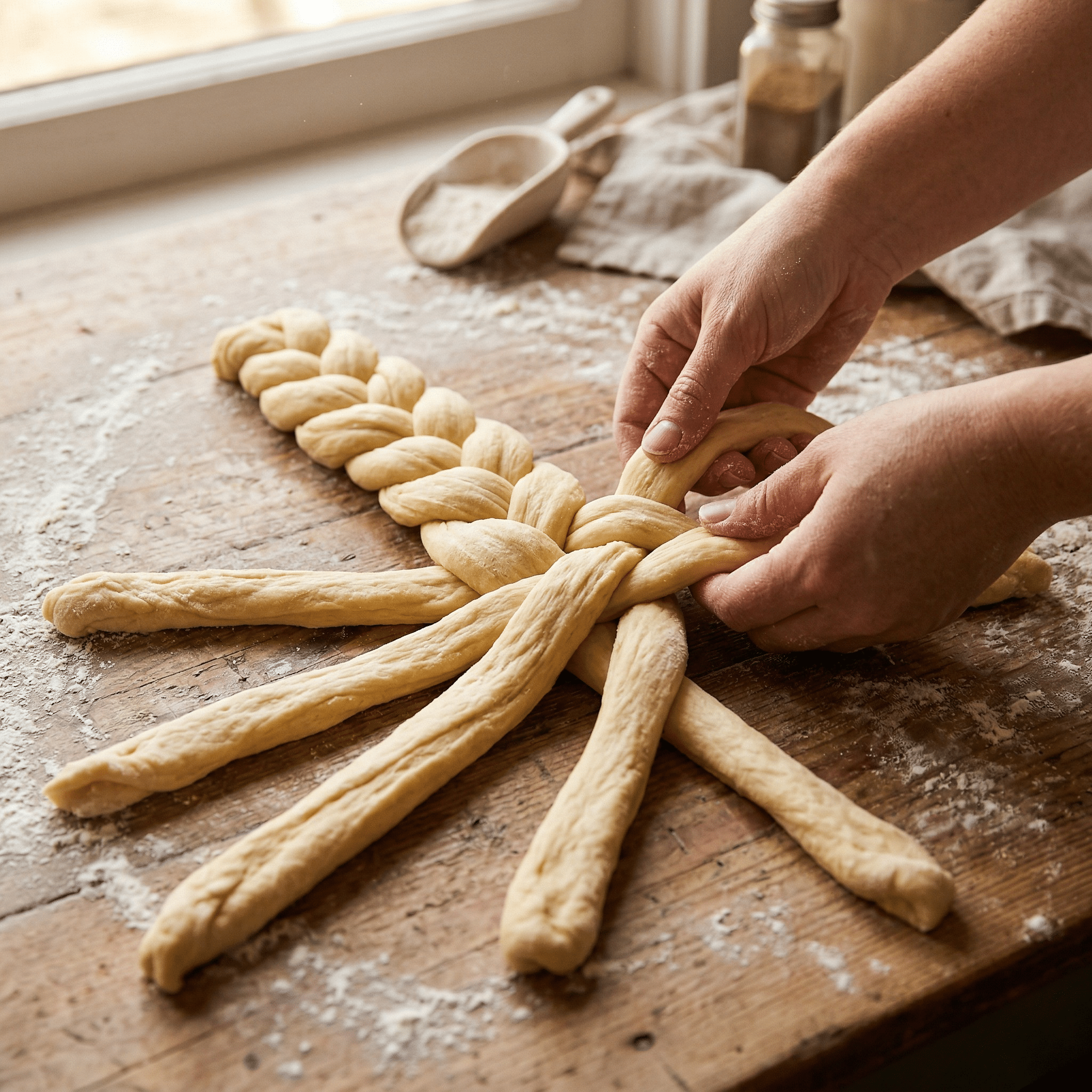 ידיים קולעות חלה לפני אפייה