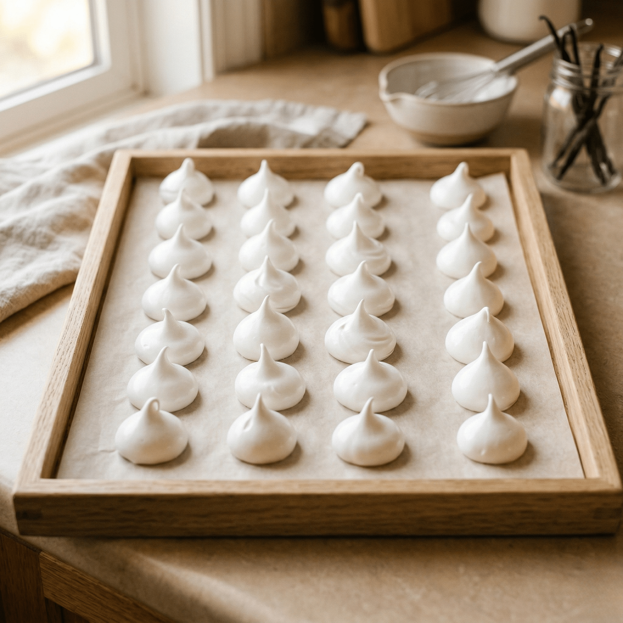 נשיקות מרנג צרפתי פריכות על נייר אפייה